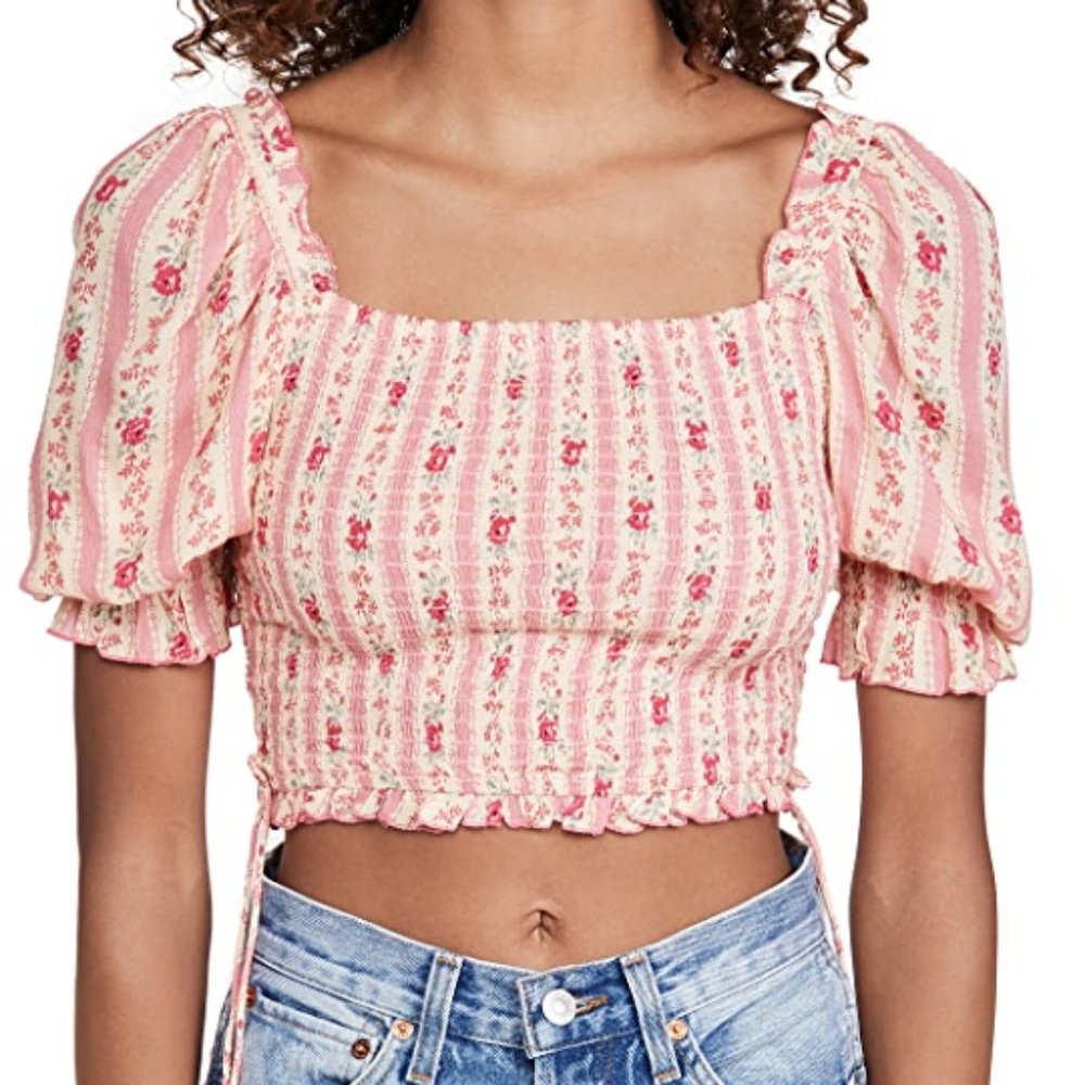 Playa Lucila Puff Sleeve Floral Crop Top, Pink Floral, BNWT, Medium/Large